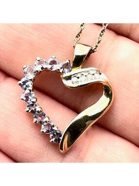 Womens Necklace 10K Yellow Gold Tanzanite Diamond Heart Pendant